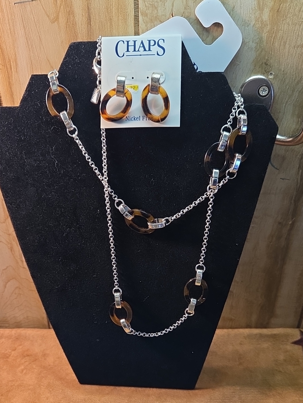 Chaps Silver Chain Necklace and Tortoiseshell Link Earrings Set